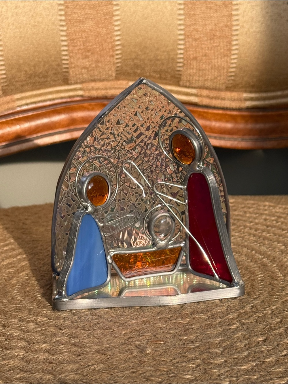 Vintage Stained Glass Nativity votive candle holder - Handcrafted